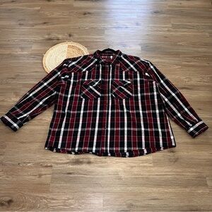 FIVEBROTHER Red/Black Plaid Flannel Long Sleeve Western Style Snap Mens Shirt